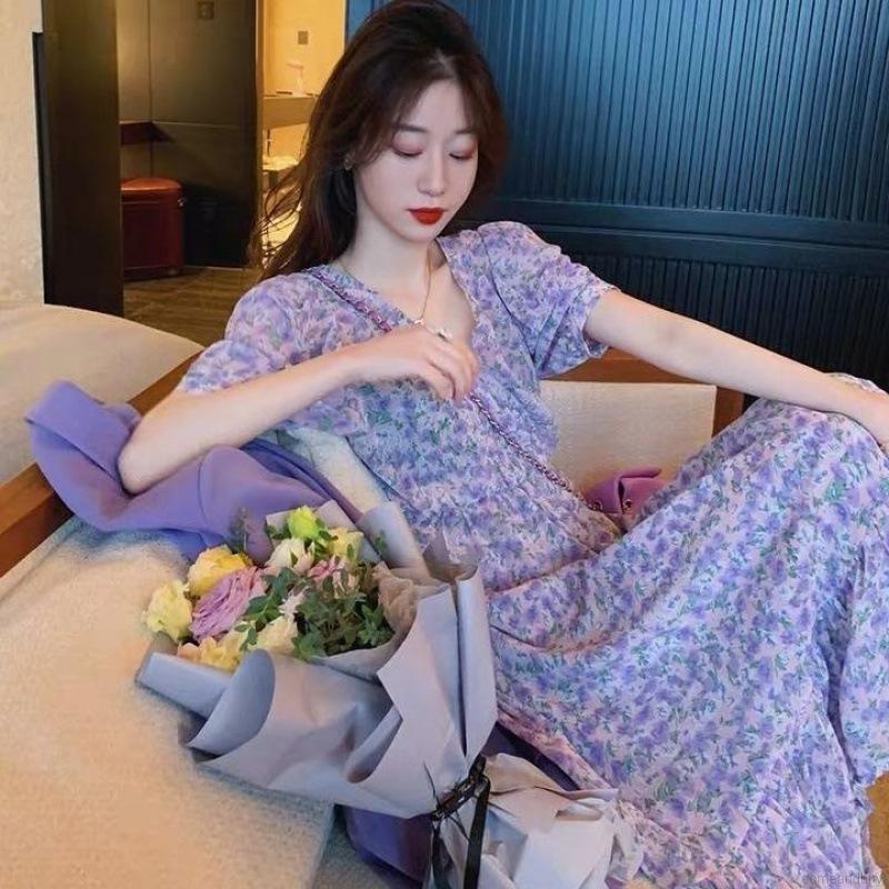 Đầm Chiffon Tay Ngắn Cổ Chữ V Họa Tiết Hoa Xinh Xắn Phong Cách Pháp