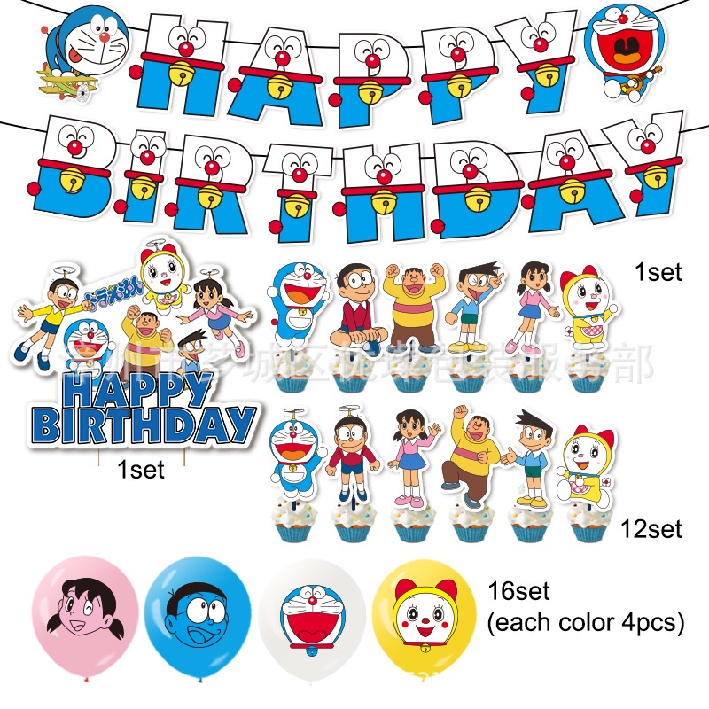 Set Bong Bóng + Thẻ Giấy In Hình Doraemon Trang Trí Bánh Sinh Nhật