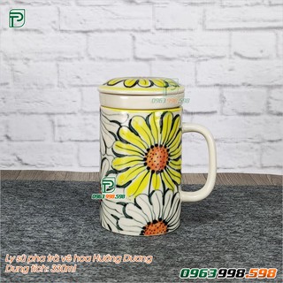 Ly sứ lọc trà Bát Tràng có nắp đậy vẽ hoa Hướng Dương