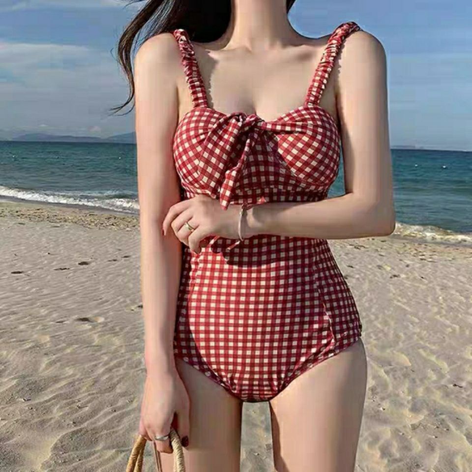 Bộ Đồ Bơi Bikini Hai Mảnh Họa Tiết Sọc Ca Rô Đỏ Có Gọng Nâng Ngực 2021 Cho Nữ