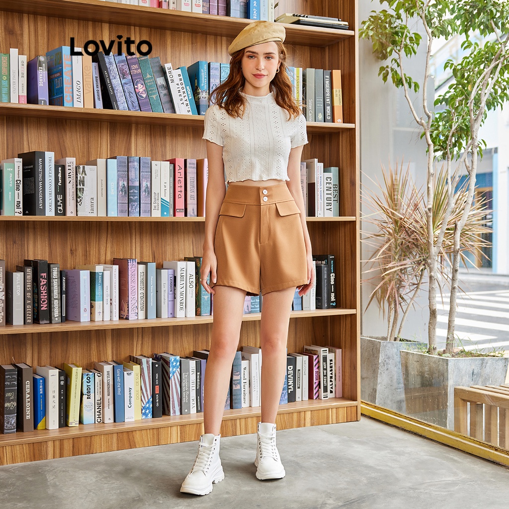 Lovito BACK TO SCHOOL Quần short nữ có nút thắt lưng rộng trơn giản dị L32EE040 (Nâu)