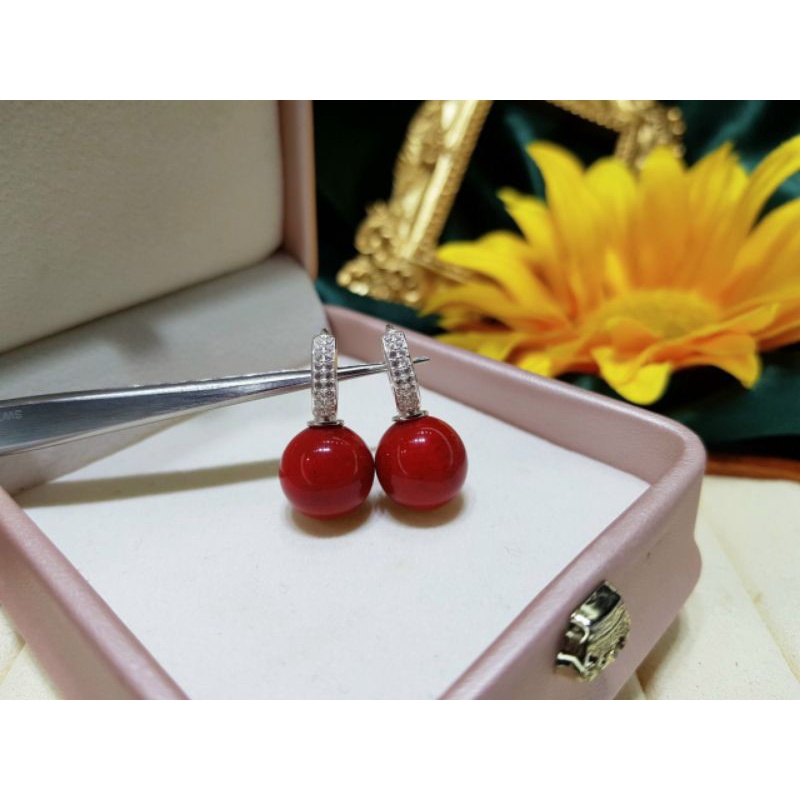 Hoa tai san hô thật 12ly khoen tròn bạc