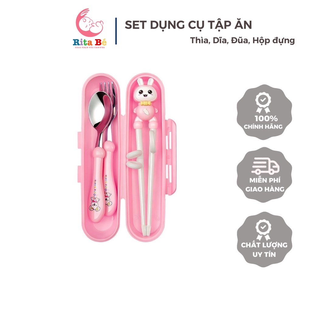 Bộ thìa dĩa đũa tập ăn cho bé, bộ ăn dặm đầy đủ 4 món inox 304
