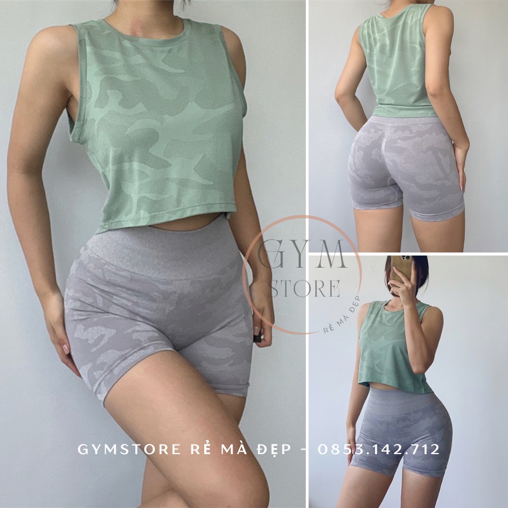 Áo Thun Croptop Không Tay Thể Thao Tập Gym Yoga Cổ Tròn Hoạ Tiết Rằn Ri GYMSTORE 078