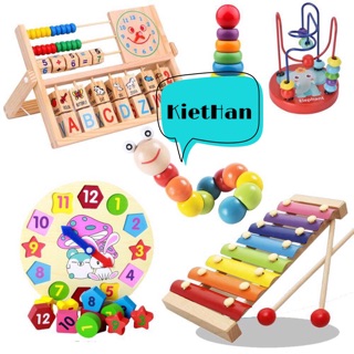 Combo Đồ Chơi Gỗ Giá Rẻ  6 món: Luồn Hạt - Tháp gỗ- Kệ học chữ-Đồng hồ phân khói - Đàn Gỗ 8 Thanh- Sâu gỗ