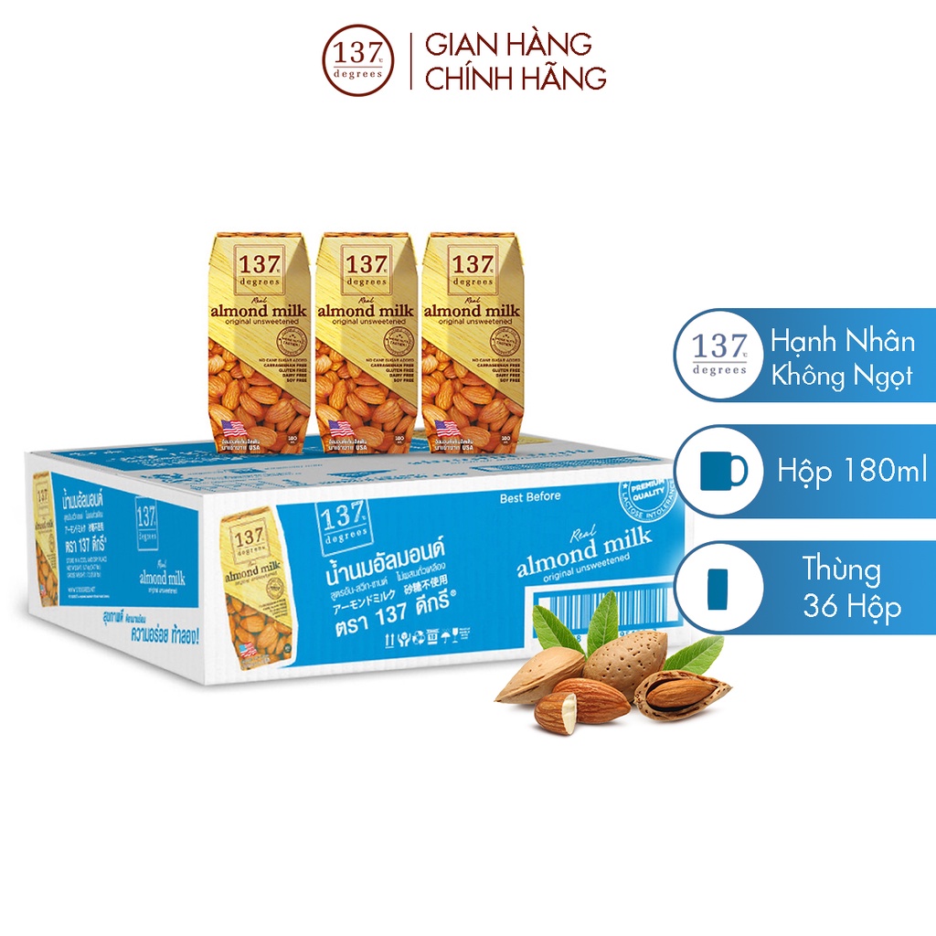 Thùng Sữa Hạt 137 Dgrees Hạnh Nhân Không Ngọt -36 hộp 180ml