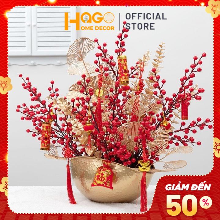 Quả giả, cành quả đào đông,cherry đỏ dài 100cm may mắn, tài lộc trang trí nhà cửa