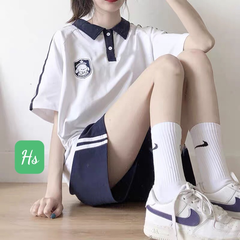 Bộ Quần Áo Kẻ Viền Thêu Cún ❤ Set Quần Đùi Ống Rộng Áo Polo Tay Lỡ Cotton Dày Dặn MND101
