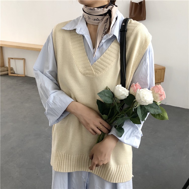 Áo Sweater Không Tay Cổ Chữ V Dáng Rộng Phong Cách Hàn Quốc | BigBuy360 - bigbuy360.vn
