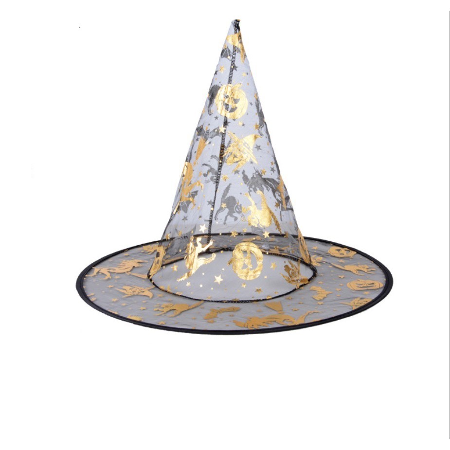 Mũ phù thủy hóa trang Halloween màu đen nhiều họa tiết đẹp VẢI MỎNG