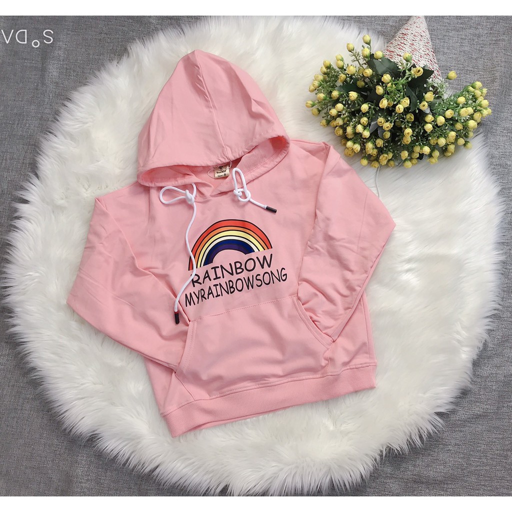 Áo Hoodie Cho Bé Gái Cầu Vồng , Áo Dài Tay có mũ vải thun đặt dệt cao cấp AA011