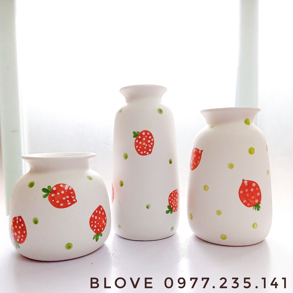 Bình hoa dâu tây,Lọ hoa gốm sứ bát tràng cao cấp, vẽ họa tiết thủ công - Trang trí nhà cửa,Decor,Quà tặng doanh nghiệp