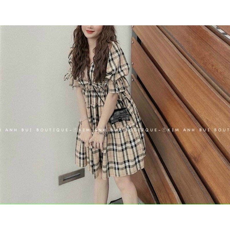 đầm babyroll sọc caro ngắn tay