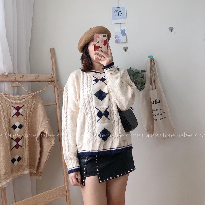 Áo len thừng hoạ tiết ô trám