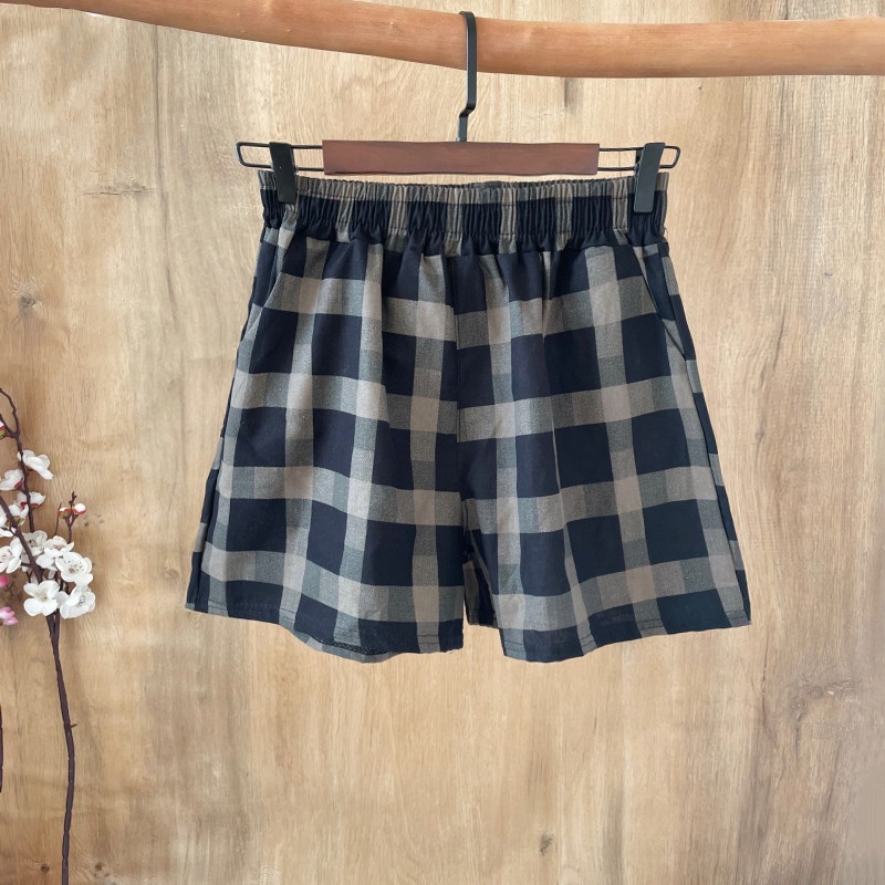 Summer loose casual shorts plus size women's pants new cotton plaid wide-leg pants