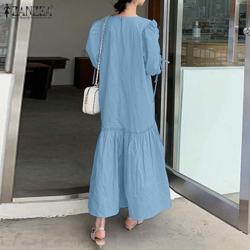 Đầm ZANZEA lai xếp nếp cổ V màu trơn tay phồng ngắn