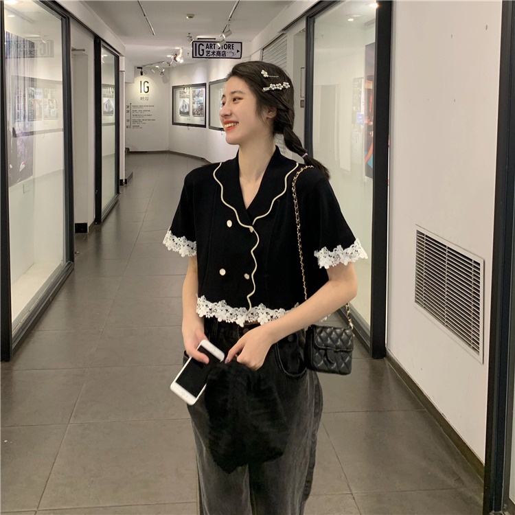 Áo Dệt Kim Ngắn Tay Cổ Búp Bê Phối Ren Lưng Cao Thời Trang