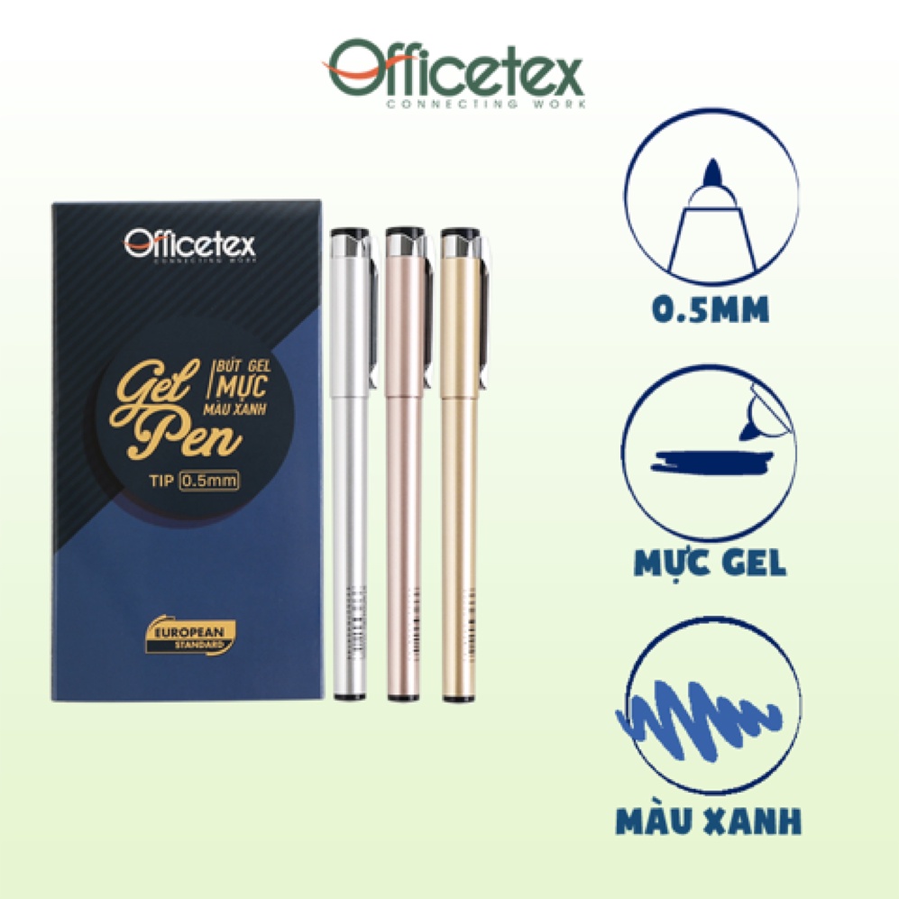 Bút Bi GEL Mực Xanh kiểu Sang Trọng - Combo 3 bút - Viết Êm Trơn, Mực ra Đều, Không Lem -Tiêu chuẩn Châu Âu-TH Officetex