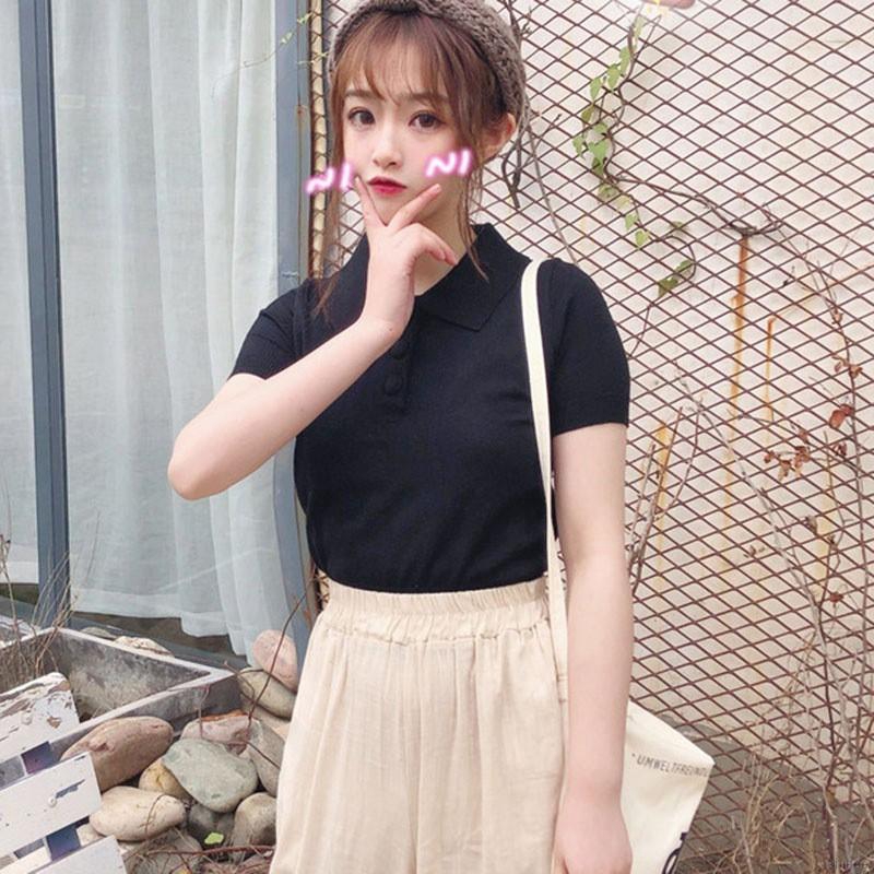 Áo thun polo nữ dệt kim tay ngắn màu kẹo ngọt | BigBuy360 - bigbuy360.vn