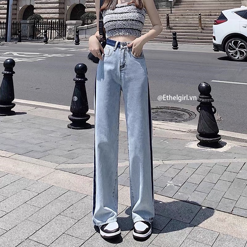Quần jeans Nữ Lưng Cao Ống Rộng Phong Cách Hàn Quốc
