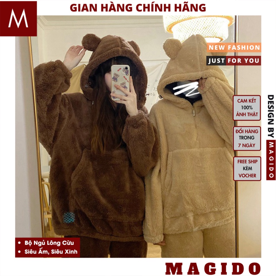 Bộ Ngủ Lông Cừu Mũ Tai Gấu Siêu Xinh, Bộ quần ao ngủ nữ mùa đông ấm áp dày dặn 2 màu Be Nâu, áo lông nữ, MAGIDO