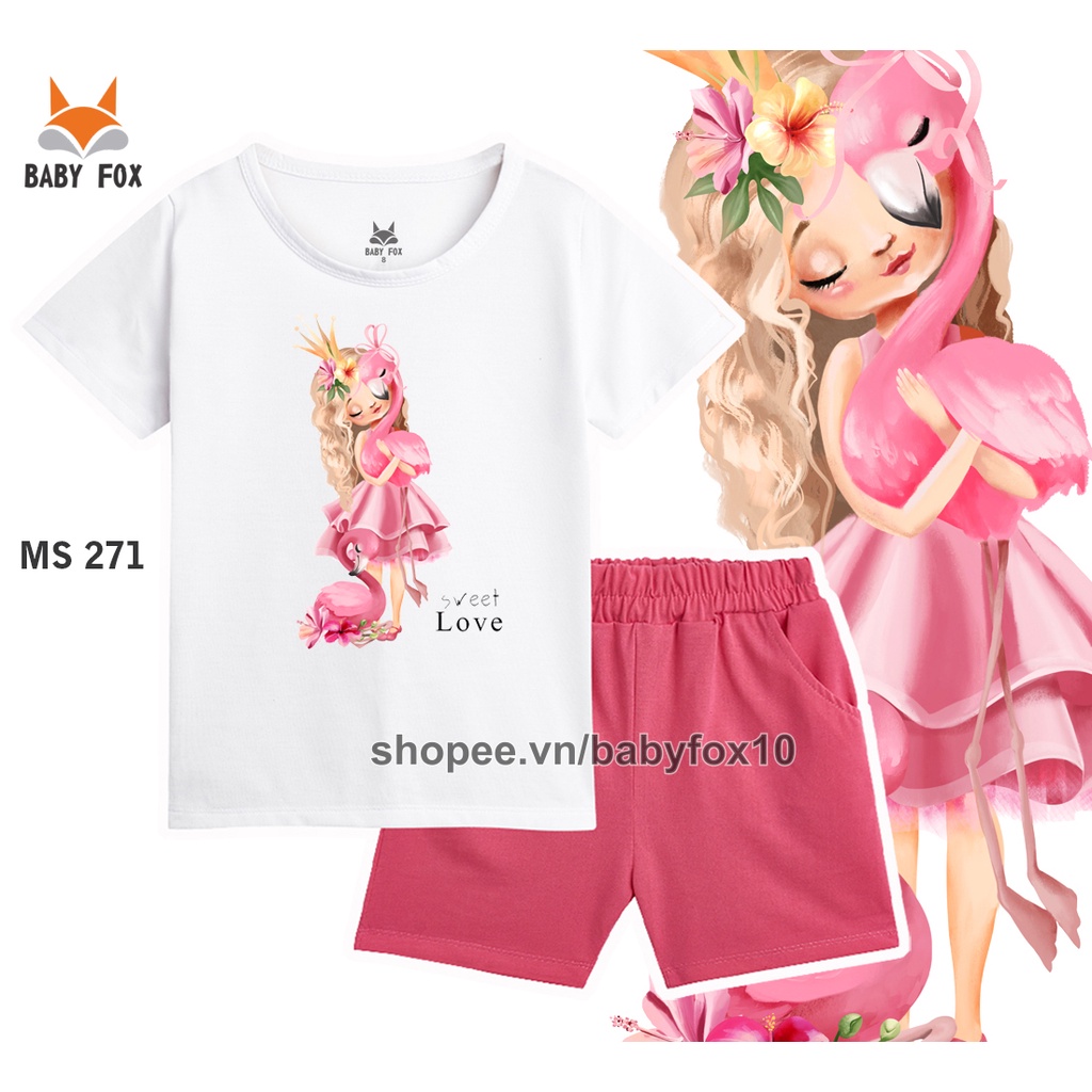 Bộ thun bé gái 100% cotton loại tốt, thương hiệu BABY FOX, in hình công chúa, size nhỏ, trung, đại e