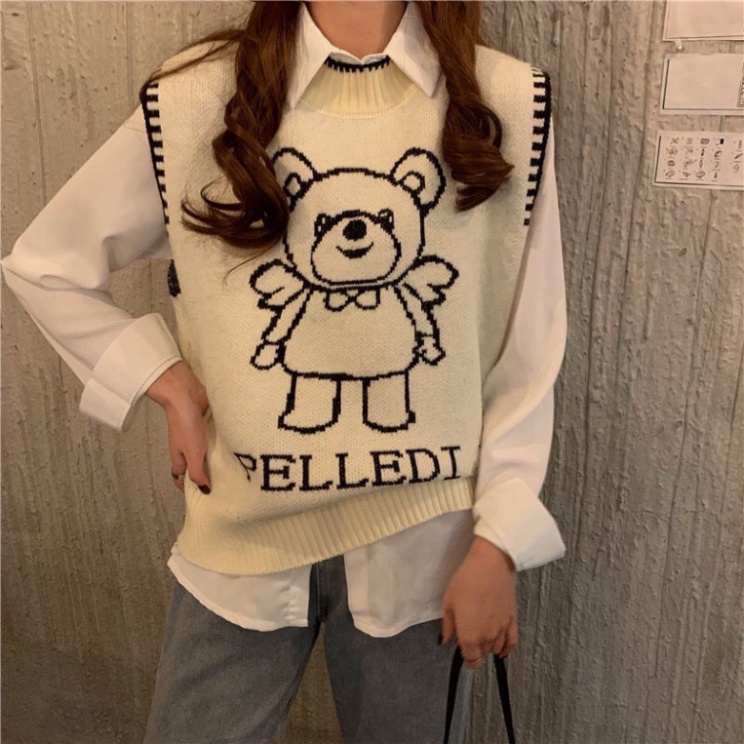 Gile Len Nữ Quảng Châu, Áo Gile Len Form Rộng Unisex Họa Tiết Hình Gấu Cổ Tròn Taobao | BigBuy360 - bigbuy360.vn