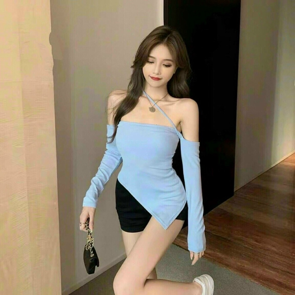 Áo Kiểu Nữ Bẹt Vai Phối Dây Chéo Tay Dài Tà Lệch Nhọn
