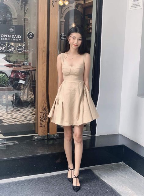 ĐẦM 2 ĐÂY FORM XÒE CHẤT KAKI CO GIÃN CHUẨN FORM | BigBuy360 - bigbuy360.vn