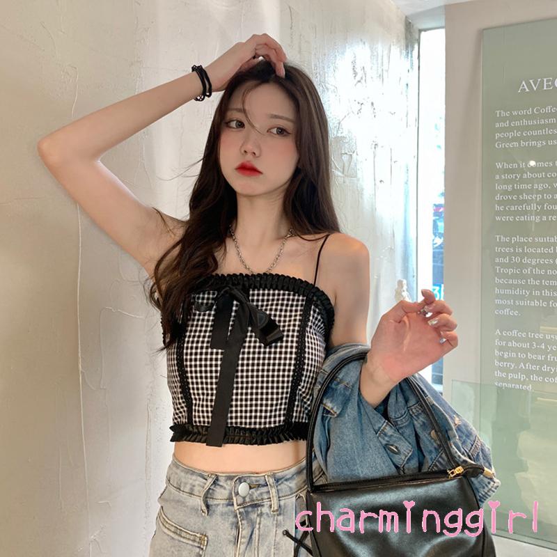 QAQ-Women Spaghetti Strap Camisole Plaid Print Bodycon Cropped Tank Tops with Bow Knot Decor Black/ White