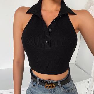 Áo Croptop Không Tay Cổ Bẻ Phối Nút Gợi Cảm Dành Cho Nữ