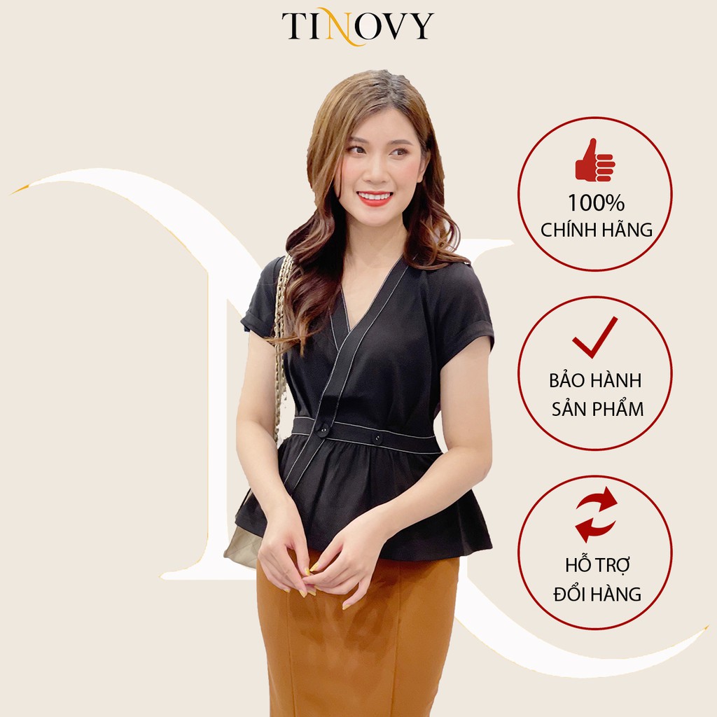 Áo kiểu tay dài cổ tim nẹp cài đan chần chỉ cho nữ công sở TINOVY H0192