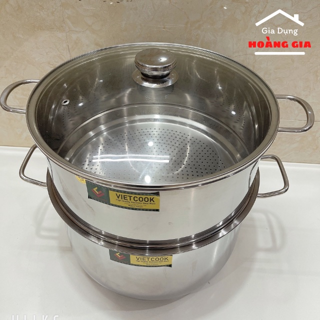 Bộ nồi xửng hấp inox 2 tầng nắp kính và nắp inox đun bếp từ Vietcook size 24,26,28,30,32 , chõ hấp đồ xôi