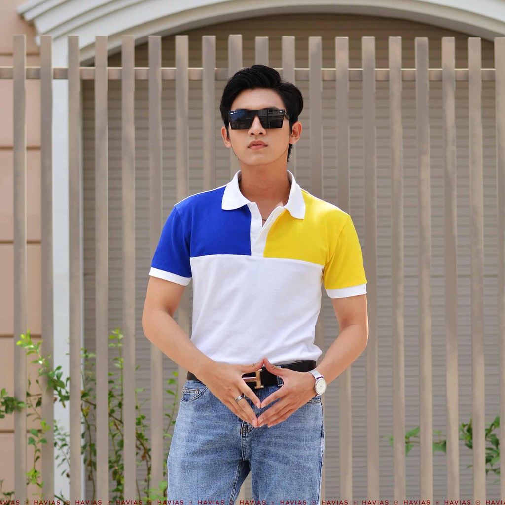 Premium Designed Polo Havias áo thun cổ V Xanh Navy kết hợp Vàng vải Cotton 100%