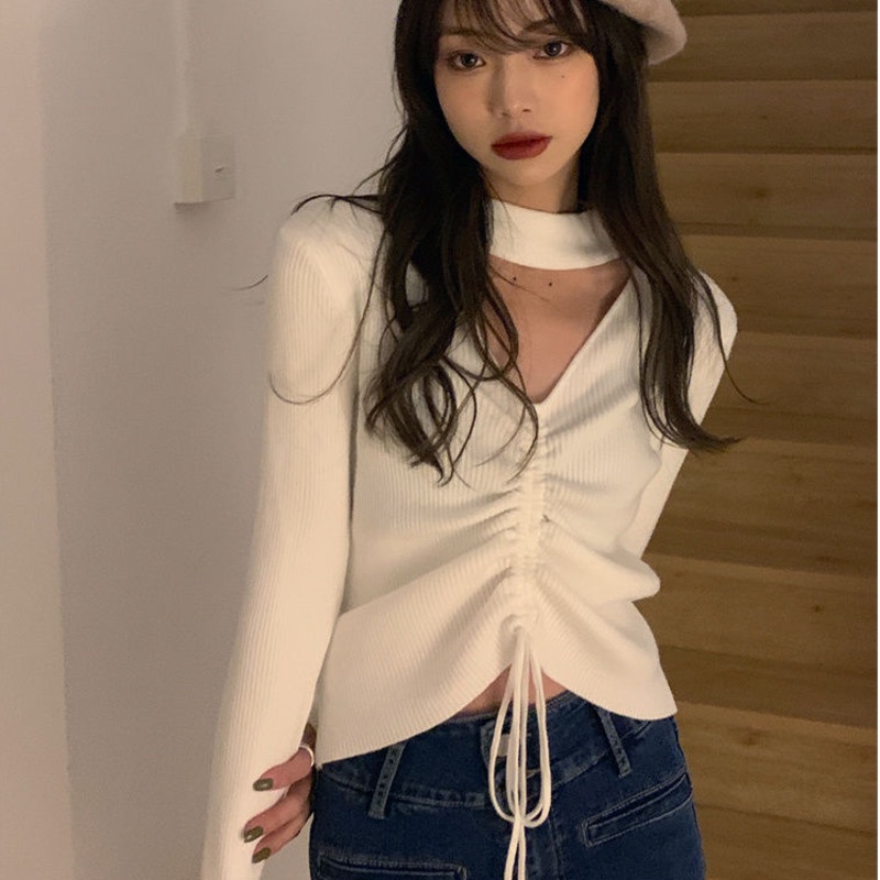 Áo Sweater Dệt Kim Mỏng Tay Dài Cổ Chữ V Màu Sắc Đơn Giản Phong Cách Hàn Quốc Cho Nữ