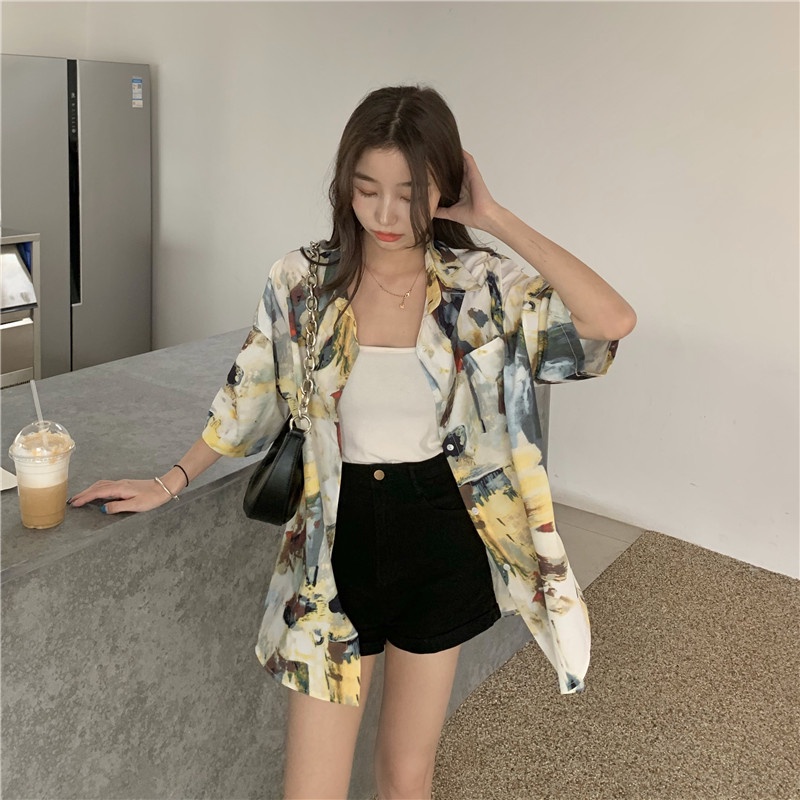Áo Sơ Mi Tay Ngắn Họa Tiết Tranh Sơn Dầu Phong Cách retro Hong Kong Thời Trang Mùa Hè Mới Cho Nữ