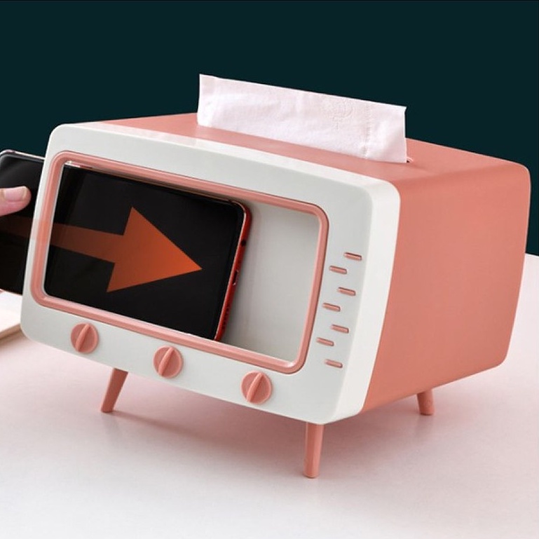 Hộp đựng giấy ăn đa năng hình tivi sang trọng phong cách Art Deco cao cấp, Hộp đựng khăn giấy tivi kệ để điện thoại 2in1