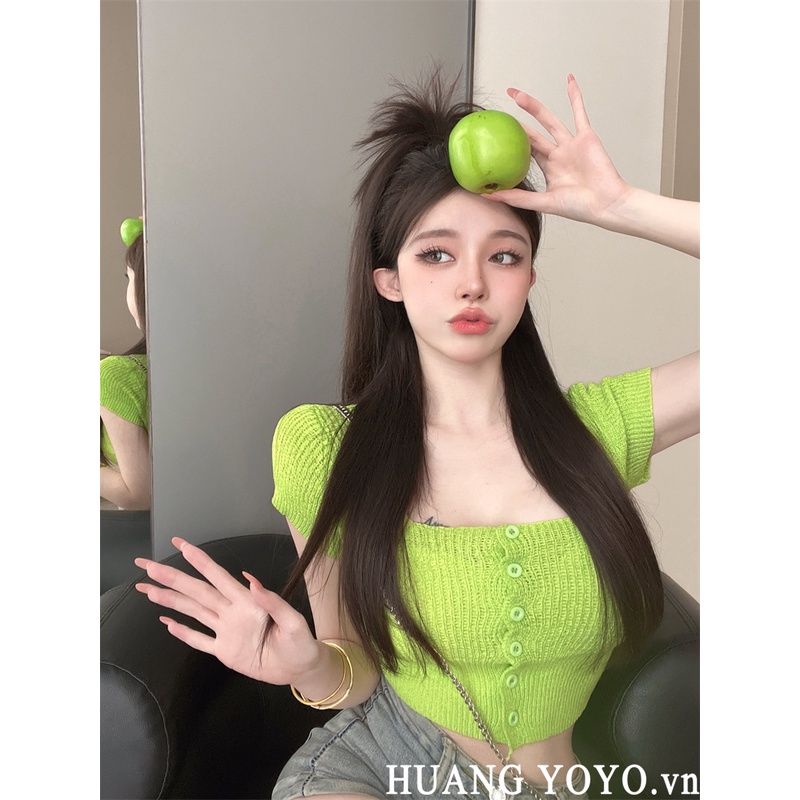HUANG YOYO Áo Sweater Tay Ngắn Cổ Vuông Màu Sắc Thời Trang Hàn Quốc Cho Nữ