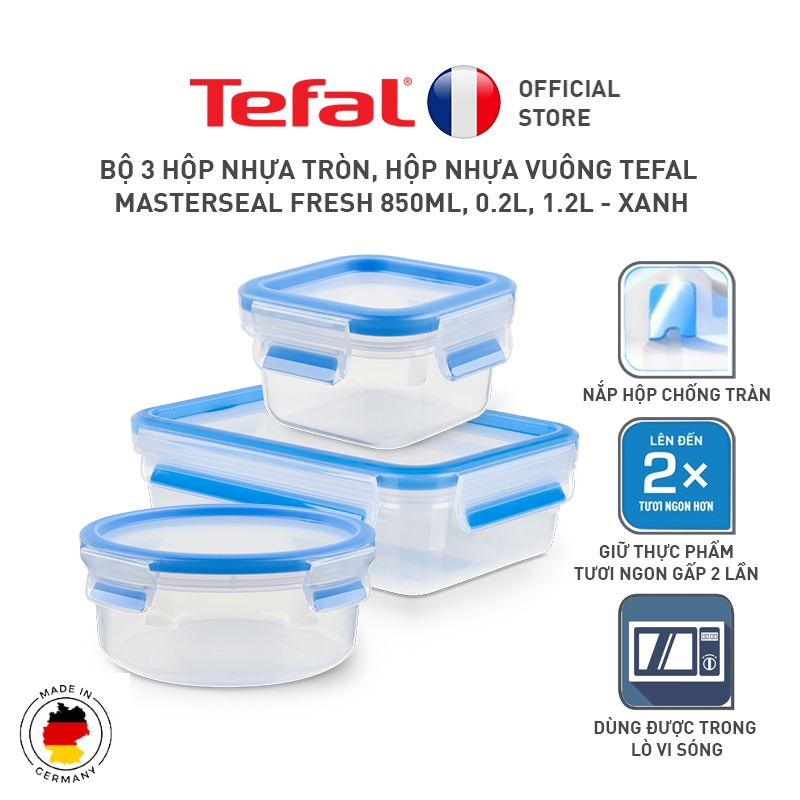 Bộ 3 hộp nhựa tròn, hộp nhựa vuông Tefal Masterseal Fresh 850ml, 0.2L, 1.2L