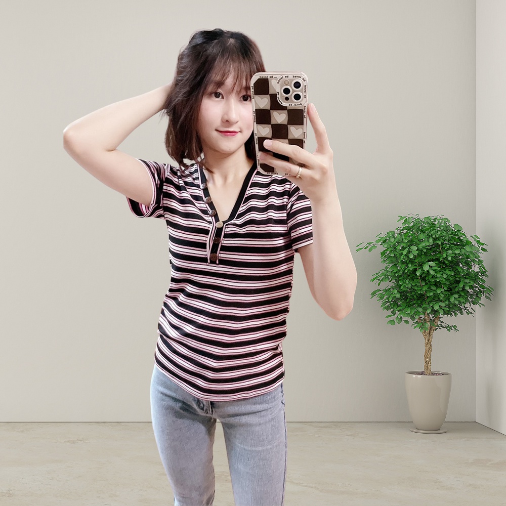 Áo phông nữ mùa hè Cham áo cộc tay cổ tim siêu co dãn kẻ ngang | BigBuy360 - bigbuy360.vn