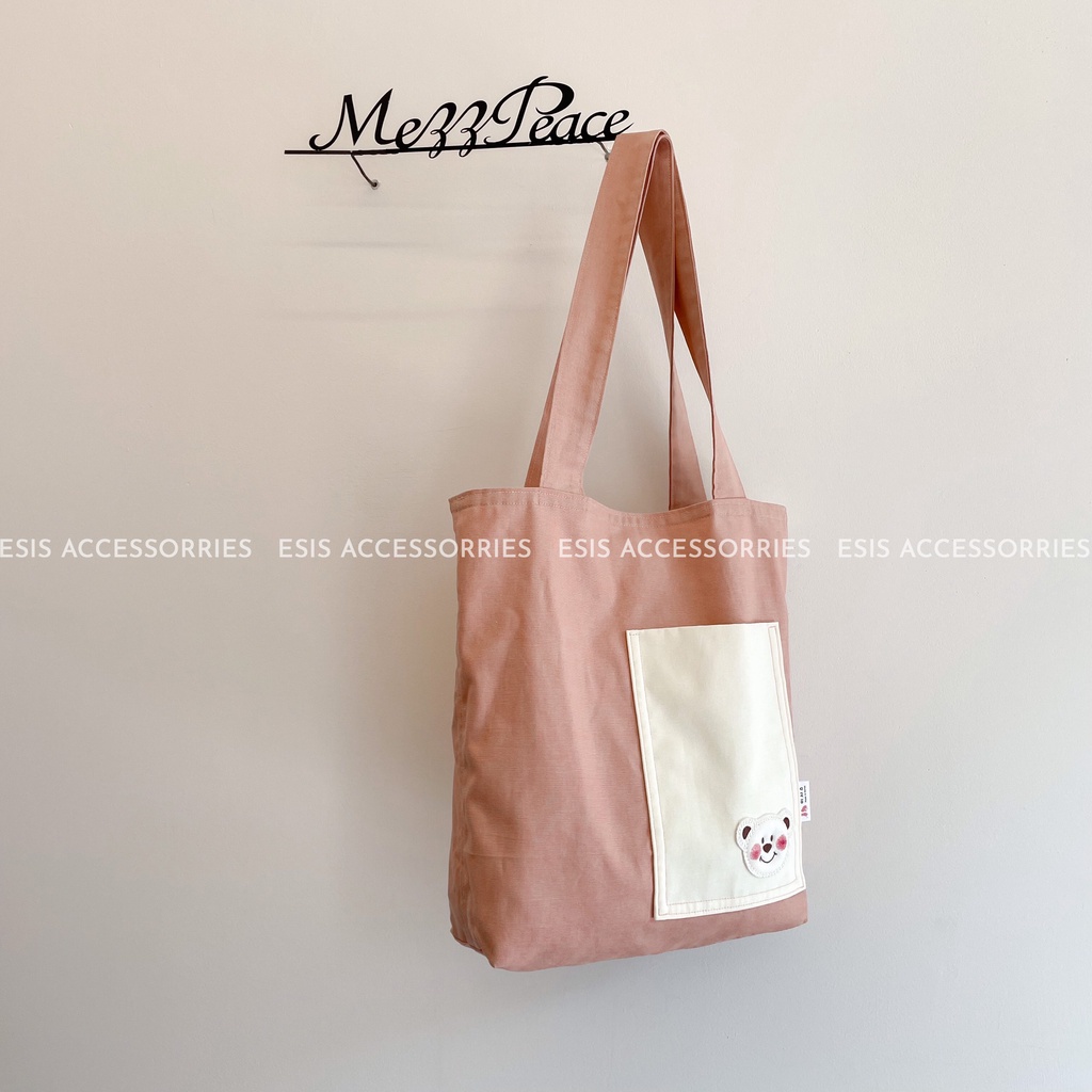 TÚI TOTE ESIS HANDMADE ĐEO VAI HÀN QUỐC THÊU HÌNH GẤU ĐÁNG YÊU, 2 IN 1 ĐEO ĐƯỢC 2 MẶT ESIS [ TUI141 ]