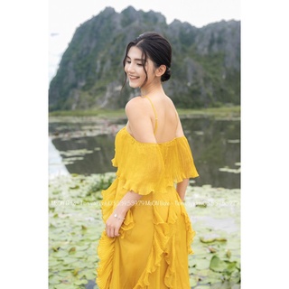 (Bán chạy) MOON  BOHO - MAXI VÀNG TRỄ VAI BÈO DẬP LY (CHẤT TƠ CAO CẤP)