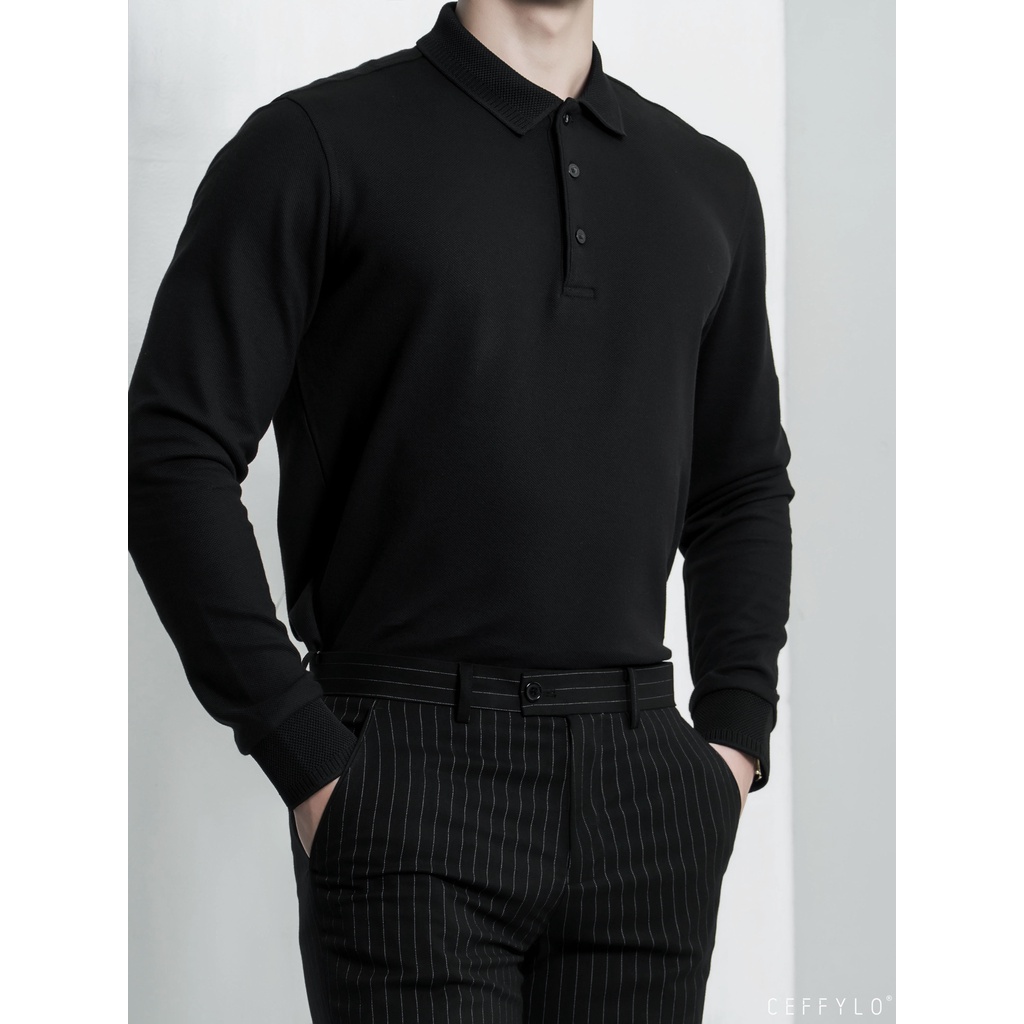 [Mã LTP50 giảm 50000 đơn 150000] Áo Polo Dài Tay Đen Trơn Basic Vải Cotton Mềm Mịn - CEFFYLO | BigBuy360 - bigbuy360.vn