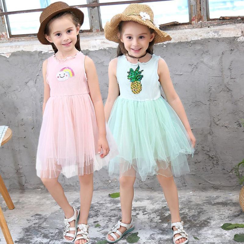 Đầm xòe cộc tay phối họa tiết trái dứa / cầu vồng xinh xắn dành cho bé gái