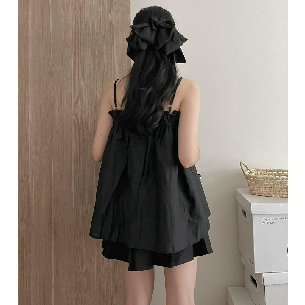 Áo kiểu nữ, Áo babydoll chất thô 2 lớp vintage có dây điều chỉnh màu kem đen Hàn Quốc SM171