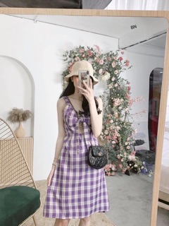 váy kẻ karo 2 dây nơ ngực