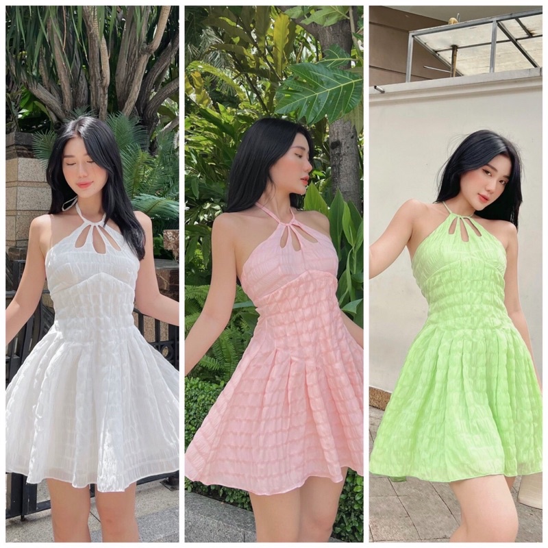 Váy cổ yếm dáng baby doll xoè chít eo 2 lớp Đầm kiểu