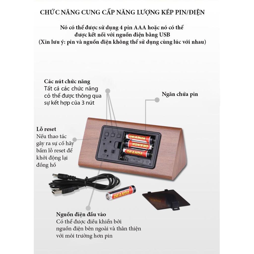 Đồng hồ điện tử để bàn, đồng hồ gỗ  led thông minh Phiên Bản Hiển Thị Nhiệt Độ Pin Sạc - USB