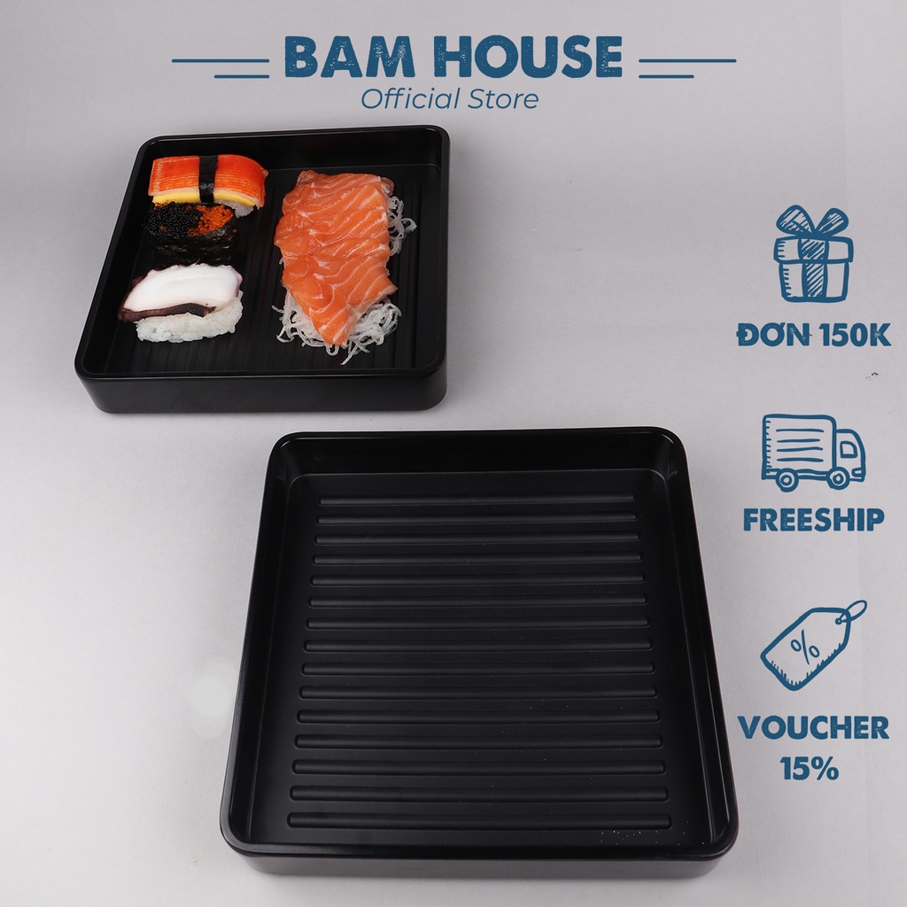 Khay nhựa đen nhám đựng thức ăn Bam House chất liệu Melamine 18x18x4cm cao cấp KSV02