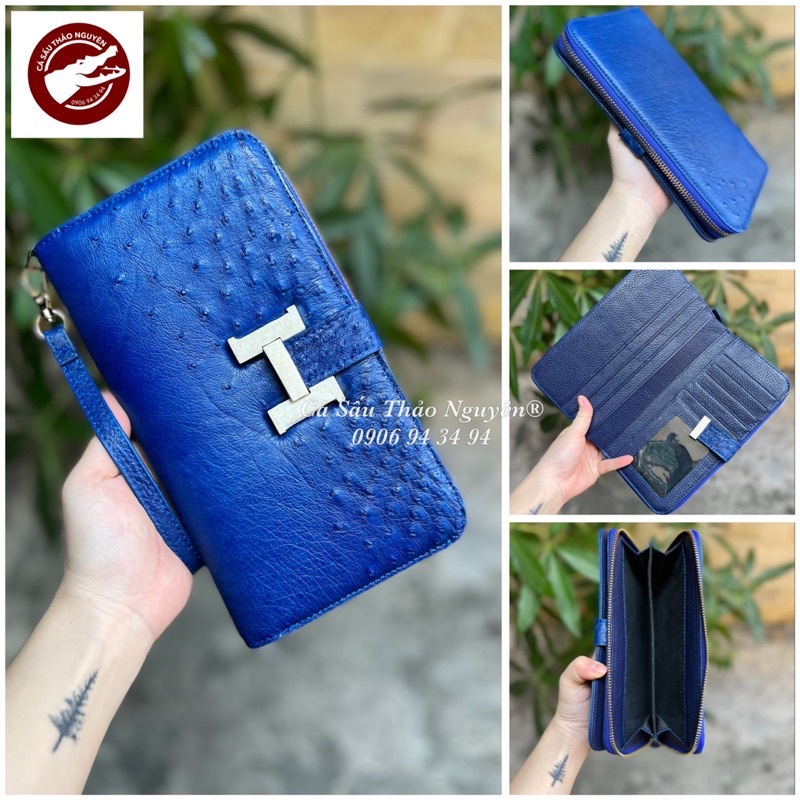 Ví Cầm Tay Da Đà Điểu Thật| Kiểu 2 Gấp| Size 12x22 - Cá Sấu Thảo Nguyên